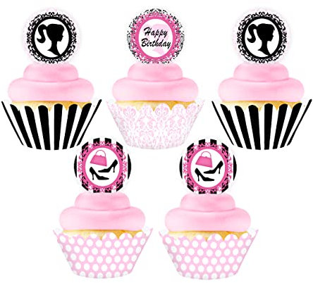 POP parties Ink Glamour Girl Cupcake Kit, Pink, Black, Hot Pink, White - 24 Cupcake Toppers + 24 Wrappers - Birthday, Barbie Party Decorations