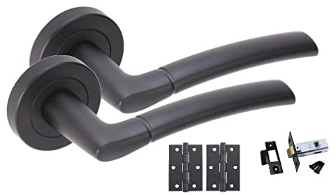 Golden Grace Indiana Latch Door Handles on Rose, Matt Black Finish | Includes matching ball bearing hinges, 64mm tubular latches, spindle and screws for a complete, hassle-free installation.