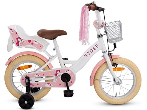 SJOEF Dolly Kinderfahrrad 14 Zoll | Ab 3-5 Jahre | Kinder Fahrrad für Mädchen/Jugend | Kleidergröße von 98 bis 108 cm | inklusive Stützräder - Weiß