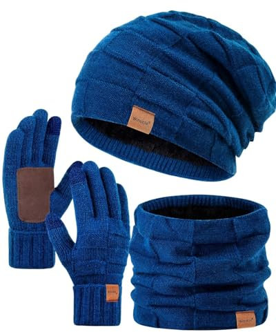 Winuesa Mütze, Schal & Handschuh-Sets für Damen Herren, Slouchy Beanie Mütze Herren Winter Strickmütze Touchscreen Handschuhe Schal Halswärmer Schlauchschal Geschenk set(Marine)