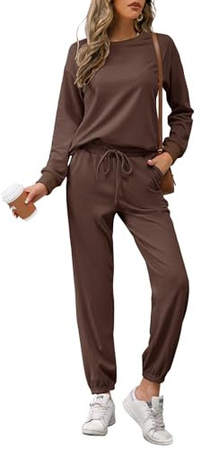 REORIA Damen Tracksuit Langarm Rundhalsausschnitt Einfarbig Zweiteiler Outfit Hoodie Jogger Trainingsanzug Set Sweatshirt & Jogginghose Kaffee L