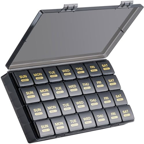 Monatlicher Pillendose, 28 Tage, 1 Mal am Tag, mit staubdichter Hülle, großer Pillendose für 4 Wochen im Monat, tägliche Vitamin-Box für Pillen/Medizin/Fischöl/Nahrungsergänzungsmittel (schwarz)