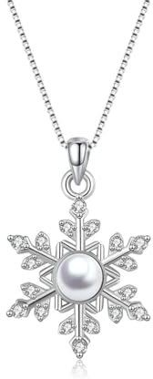 Deyanse Schneeflocke Halskette für Damen, 925 Sterling Silber Weihnachten Halskette mit Weiß Perle Zirkonia, Hypoallergen 45+5cm Anhänger Silberkette, Weißgold Kette für Frauen Tochter mit Geschenkbox