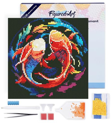 Figured'Art Mini Diamond Painting Erwachsene 25x25cm Mit Rahmen Ganze Leinwand gespannt Bunte Koi-Karpfen 5D Bilder Runde Steine - DIY Set Basteln