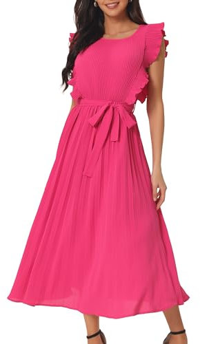 Seta T Robe mi-Longue décontractée pour Femmes, à Volants, sans Manches, col Rond, plissée, Fluide, ceinturée Rose Vif S