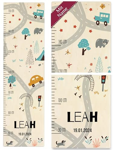 Messlatte Kind Holz - Straße Kindermesslatte Fahrzeuge mit Namen und Datum I Auto I Ampel I Bär I Bäume I Schienen - 90-150 cm - Holz - kinder fahrzeug junge motiv höhenmesser wachstumsmesser