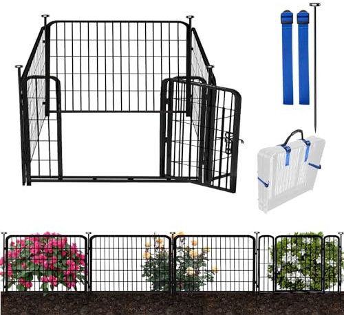 ADAVIN Gartenzaun, 61 cm hoch, niedriges Schwellentor, 4 Paneele insgesamt 3 m (L), temporärer Zaun für Hunde im Freien, schwarzes Metall, dekorativer Gartenzaun, Kaninchenzaun, Zaun für Gartenbeete