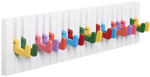 RICOO Garderobenhaken Wandhaken Kinder Wand-Garderobe Bunt Piano Design 16 Ausklappbare Haken für Kinderzimmer WM1885-XL Flur Hakenleiste Küche Holz-Garderobenleiste Klavier Kita Modern Klappbar
