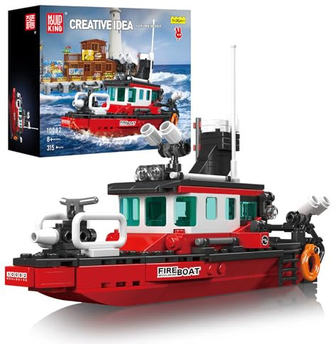Mould King 10082 MOC Technik Feuerwehrboot Modell, Die Kreativserie Feuerwehr-Boot-Spielzeug Bausatz,Technologie Klemmbausteine Bausatz für Jungen und Mädchen ab 8 Jahren (315+ pcs)