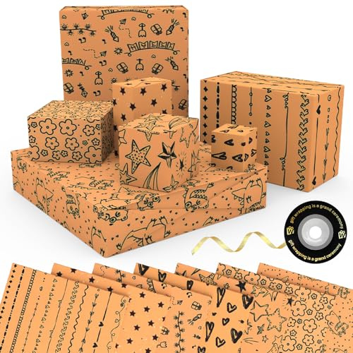 Geschenkpapier Set, 7 Stück Braun Kraftpapier 50x70cm Geburtstag Geschenk Papier mit Schleifenband für Hochzeit, Geburtstag, Urlaub, Party