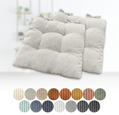 Lsjoaw 2er Set Sitzkissen 35x35x6cm Polster Auflage Gemütliche Stuhlkissen mit Bindebänder Sitzpolster Stuhlauflage Sitzpolster für Gartenstuhl Küche oder Esszimmer Quadrat Cordstoff Cremefarben
