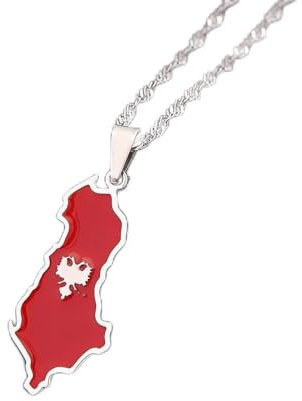 Everyiod Halsketten Mit Anhänger „Albanien“ Mit Karte Und Adler, Albanien, Retro-Mode, Patriotischer Schmuck, Emaille-Charm-Halskette, Hip-Hop-Pulloverkette, Weiß, 50 Cm