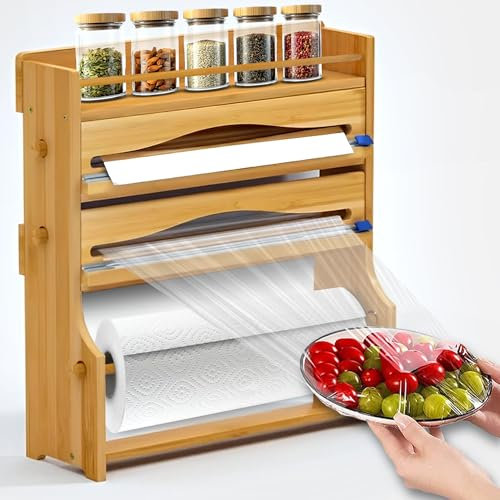 ARYANY Porta rotolo di carta da cucina in bambù | Dispenser di carta alluminio e pellicola con taglierina | Supporto 4 in 1 Organizer da cucina da parete con ripiano per spezie