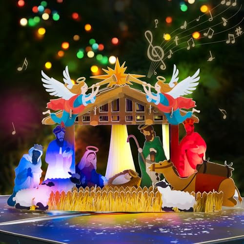GREETING ART Pop Up Karte Weihnachten mit Musik und Licht, Pop Up Karte Weihnachten Krippe, Musik-Weihnachtskarte, 3D Weihnachtskarte mit Heilige Nacht für Frauen und Kinder