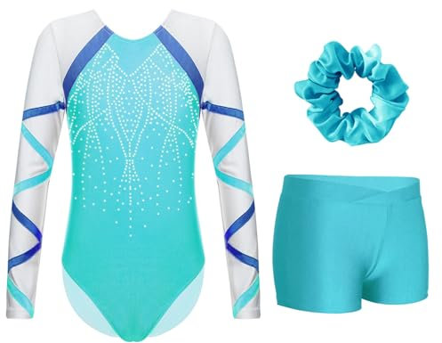 Miutii Mädchen Turnanzug Langarm Glitzer Gymnastikanzug mit kurze Hose und Haargummi Ballettanzug Gymnastik Leotard Tanzkostüm Blau Grün 122-128
