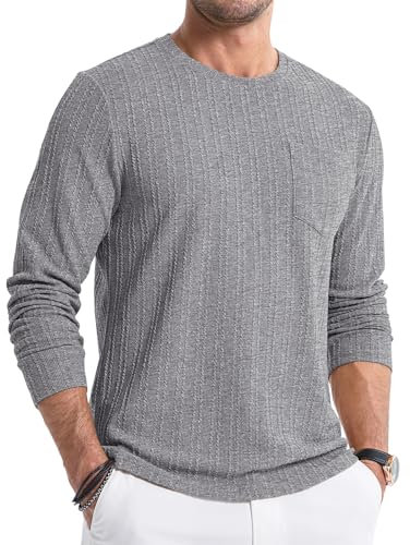 Meilicloth Long Sleeve T Shirt Men Ribbed T Shirt Casual Pullover Jumpers for Men Crew Neck Top for Mens Sweatshirts Stretch Textured Longline Tee with Pocket Grey Medium