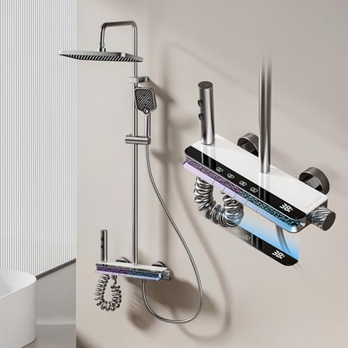 Julymoda Columna de ducha con mezclador pantalla digital LED luz estrellada ambiental kit ducha hidromasaje con alcachofa 30 × 21 cm y alcachofa de ducha teclas de piano 4 funciones altura ajustable