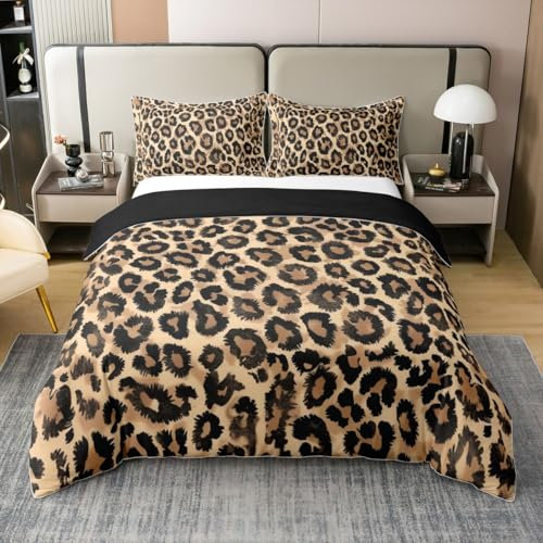 Loussiesd Leopard 100% Baumwolle Bettwäsche Set 135x200cm Gepard Bettbezug Tier Druck Safari Betten Tier Pelz für Kinder Jungen Mädchen Braun Bettwäsche-Set Atmungsaktiv Weich