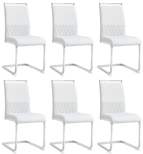 FARRINGTON Moderne Esszimmerstühle 6er Set, Rückenlehne aus PU Kunstleder und Leinen, hoher Rücken gepolstert Side Chair, Querstreifen Rückenlehne Design für Esszimmer, Küche, Gast Bürostuhl (Weiß)