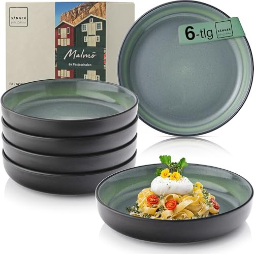 Sänger Malmö| Steingut Pastaschalen 6 tlg, Nudel Schalen Set 6 Personen, Schüssel Set spülmaschinenfest mikrowellenfest kratzfest, große Schüssel grün mit schwarzem Rand 750 ml | VALUE COLLECTION