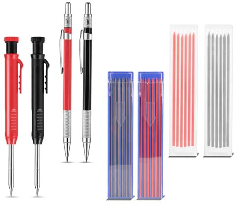 STAHLWERK Tieflochmarker Bleistift 4er Set mit 36 Ersatzminen und integriertem Spitzer Baubleistift | Bohrlochmarker | Zimmermannsbleistift | Markierstift | Baumarker | Druckbleistift
