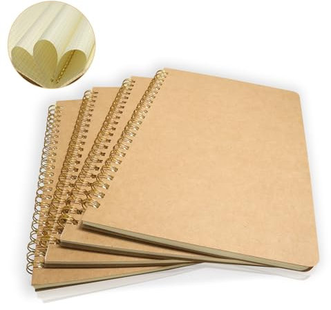 Notizbuch A5-4 Stück Spirale Notizblock, Notizbuch A5 Kariert, Kraft Cover Notizblock, 50 Blatt/100 Seiten, 21x14cm, Kariert Seiten – Tagebuch Spiralbindung, Skizzenbuch, Schulheft für Büro Geschenk