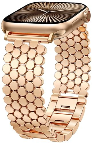 TOYOUTHS Compatible with Apple Watch Strap 44/45/46/49/42mm Women, Dressy Honeycomb Metal Strap Designer Rose Gold Link Bracelet Wristband for iWatch Series 10 9 8 7 6 5 4 3 2 1 SE Ultra 2
