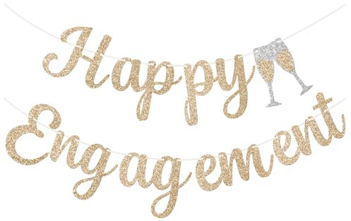 jijAcraft Vorgefädelt Happy Engagement Girlande: Glitzer Champagner Gold Verlobung Girlande für Verlobungsfeier Happy Engagement Papiergirlande für Verlobungsdekoration