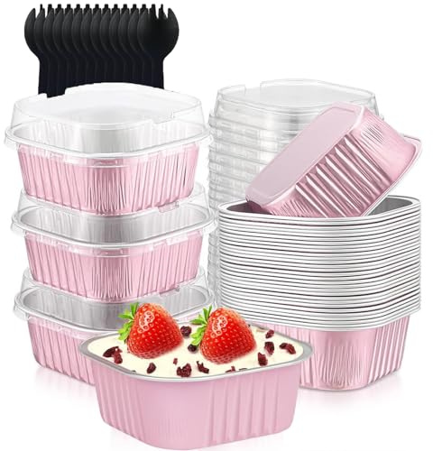 Mini Taza Papel Aluminio Con Tapa, 50 Piezas 150ML Moldes para Cupcakes de Papel de Aluminio, Mini Moldes Para Pan, Con 50 Cucharas, para Postres, Pasteles, Panes(Rosa)