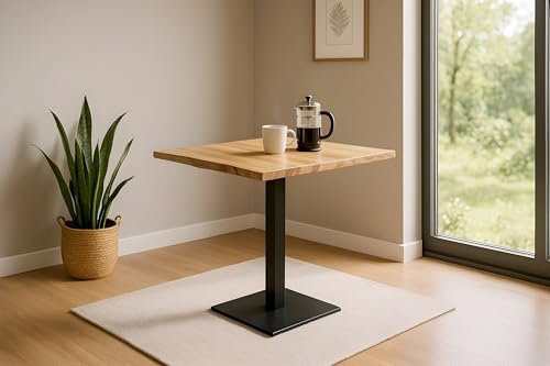 SAM Bistrotisch Iris, Akazienholz massiv + Natur lackiert, echte Baumkante, Baumkantentisch mit Stempelfuß aus Eisen schwarz, Säulentisch/Esstisch 70x70 cm