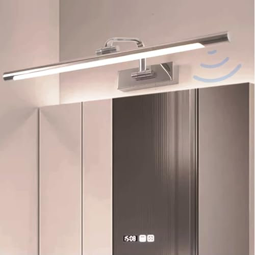 LED Spiegelleuchte Badezimmer mit Bewegungsmelder Wasserdicht Wandbeleuchtung 180° Drehbar Modern Wandleuchten Bilderleuchte Wandleuchte für Keller Küche Badschrank (Silbernes Weißes Licht,60cm)