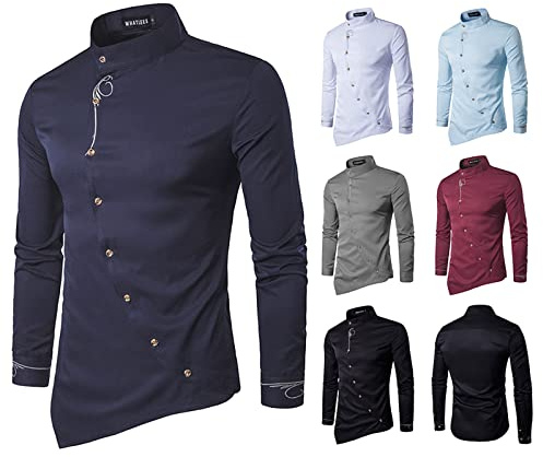 Chemise brodée pour homme de style chinois, coupe ajustée, ourlet irrégulier, chemise rétro inclinée à boutons, robe décontractée, manches longues, vintage, steampunk, chemise boutonnée à col ailé