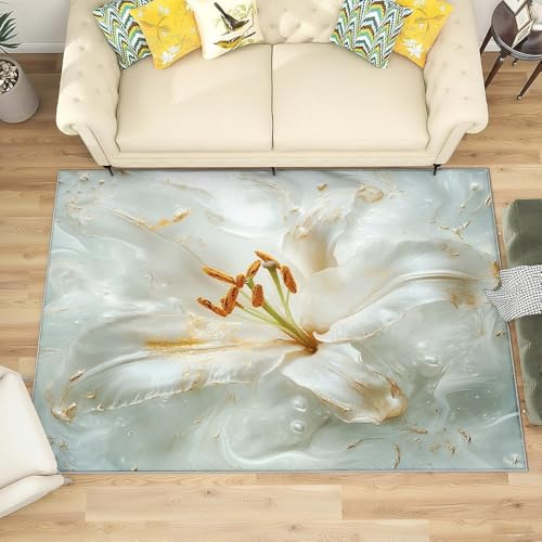 Generisch Teppich rutschfeste für Wohnzimmer Kinderzimmer, LuxuriöSe Lilie Dekorteppich für Spielzimmer Esszimmer - WeißGold Kurzflor Flanell Teppiche Pflegeleicht Waschbare 80x150 cm