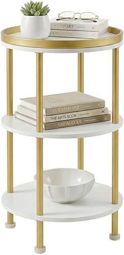 Small Round Side Table, Gold Round End Table with White Shelves, 3-Tier Modern Nightstand for Bedroom & Living Room, 21.7 H Narrow Gold Accent Table for Small Spaces, Dorm, Nursery (White & Gold)
