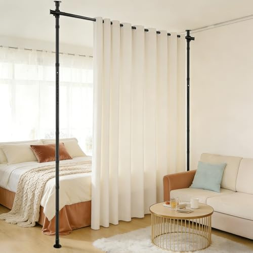 Eikuavons Raumteiler Paraventgestell Gardinenstangen, Freistehend Trennwand Paravent ohne Vorhang, Raumtrenner ohne Bohren, Sichtschutz für Schlafzimmer, 122–320 cm (H), 70–177 cm (B), Schwarz