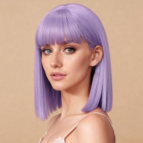 Allbell Lilac Wigs for Women Short Bob with Fringe Heat Resistant Synthetic Hair 12 inch for Daily Party Halloween Costume Use