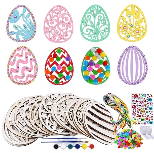 DvBCNMe Ostern Basteln, Osterdekoration,Holz Ostereier zum Bemalen 109 Teile Oster Bastelsets Holzanhänger Ostern zum Bemalen mit Pompons, Basteln Mit Kindern,Deko Schnur, Strass, Osteraufkleber