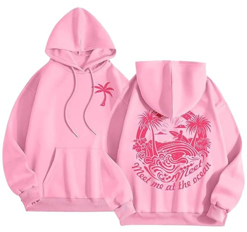Yaepoip Cute Palm Puff Hoodie for Women, Aesthetic Preppy Hibiscus Flower Pink Puff Hoodies Kawaii Hawaii Palm Pullover