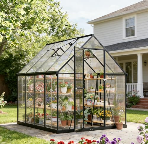 Serre de jardin en polycarbonate de 1,8 x 3 m, grande serre de jardin noire améliorée avec aération de toit réglable, porte verrouillable, cadre en aluminium amélioré anti-tempête-neige, maison de