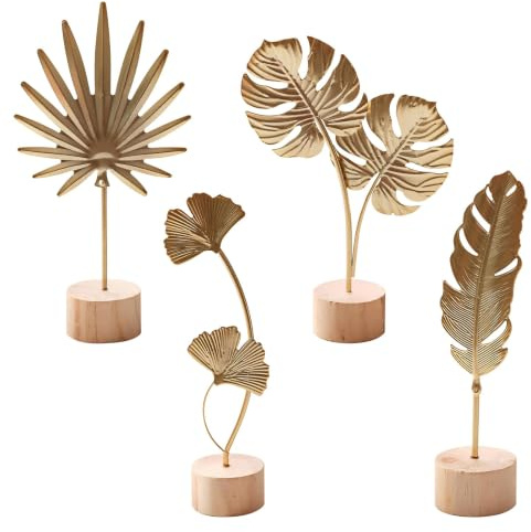 4 Stück Gold Blatt Metall Skulptur Set, 20cm Ginkgo Feder Monstera Deko | Metall goldene Beschichtung, für Wohnzimmer Tisch boho Accessoires Deko