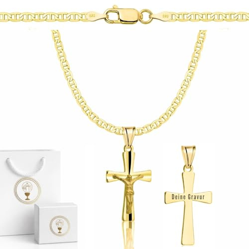 ZELYA Gold kette mit Kreuz/Medaillon- vergoldete 925/585 14K Panzerkette für Mädchen & Jungen – 45-60 cm Kommunionkette mit Kreuz, Kinderkette zur Kommunion & Taufe, Geschenkbox mit Gravur