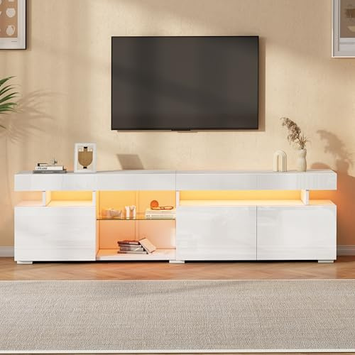 staronce Mueble bajo para TV de 180 x 35 x 45 cm, color blanco brillante, con LED y 3 puertas, estantes de cristal ajustables, aparador de TV para 80 pulgadas, incluye control por aplicación