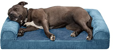 Furhaven Large Orthopedic Dog Bed Faux Fur & Velvet Sofa-Style w/Removable Washable Cover - Harbor Blue, Large