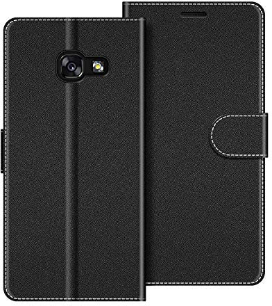 COODIO Handyhülle für Samsung Galaxy A3 2017, Flip Case aus Kunstleder und TPU mit Magnetverschluss, Kartenfächern und Standfunktion, Schwarz