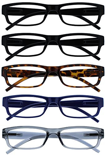 The Reading Glasses Company OPULIZE ACE Lesebrille für Damen und Herren - 5er-Pack - Schmaler Rechteckiger Rahmen - Komfort Federscharniere - Kratzfest - Schwarz Braun Schildpatt Blau Grau +2.50