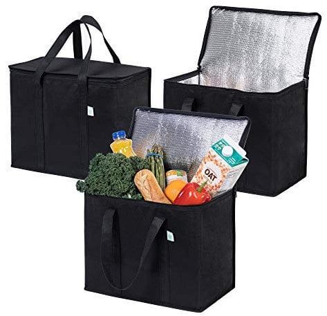 VENO 29 Liter Einkaufstasche Wiederverwendbare Faltbar Kühltasche Einkaufskorb, Groß Picknickkorb Robuste Isoliertasche Lunchtasche, Aufrecht Stehend Thermotasche (Schwarz, 3er-Pack)