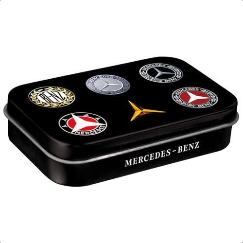 Nostalgic-Art Retro Pillendose XL, 6 x 9,5 x 2 cm, Mercedes-Benz – Logo Evolution – Geschenk-Idee für Mercedes-Benz Fans, Original Lizenzprodukt (OLP), mit Pfefferminz-Dragees, Vintage Design