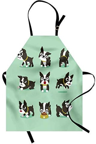 ABAKUHAUS Boston Terrier Kochschürze, Minimalistischer Entwurf des Cartoon-Charakters des spielerischen Hundes, Maschienenwaschbar kein Verblassen, Anthrazit grau Mintgrün und Weiß