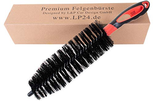 L&P A351-3 Premium Felgenbürste lang Auto Motorrad Felgen Alufelgen Bürste schonend effektiv 36cm Reinigungsbürste Räder Felgenreinigungsbürste Reinigung Pflege Profi Qualität (1 Stück Schwarz Rot)