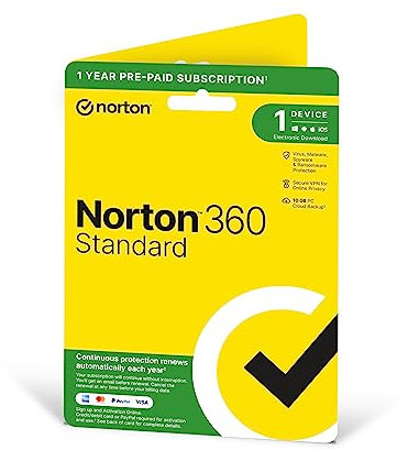 Norton 360 Standard 2025, Antivirus software for 1 Device and 1-year subscription with automatic renewal, Includes Secure VPN and Password Manager, PC/Mac/iOS/Android, Activation Code by Post